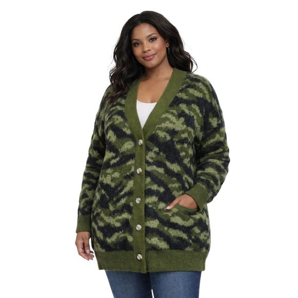 Sweaters - Womens Green Camouflage Fuzzy Knit Button Front Cardigan Sweater
